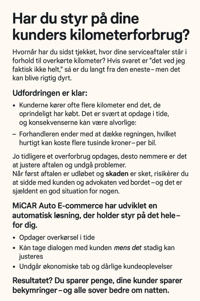 Digitalt dashboard viser overkørte kilometer i kundens serviceaftale – MiCARs system sikrer tidlig opdagelse og bedre kundeoplevelser